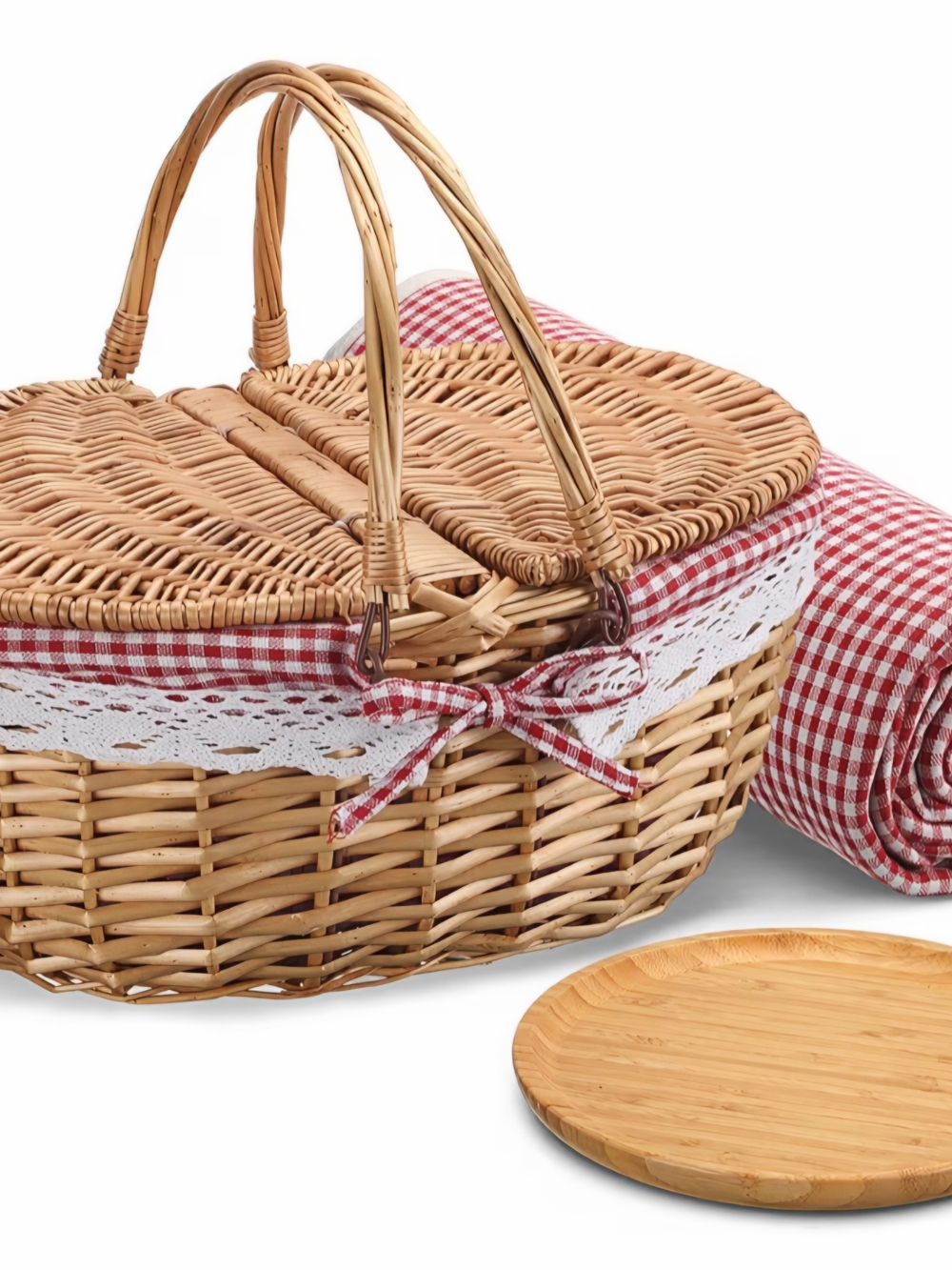Woven Picnic Basket with Red Gingham Liner, Matching Blanket and Bamboo Plates